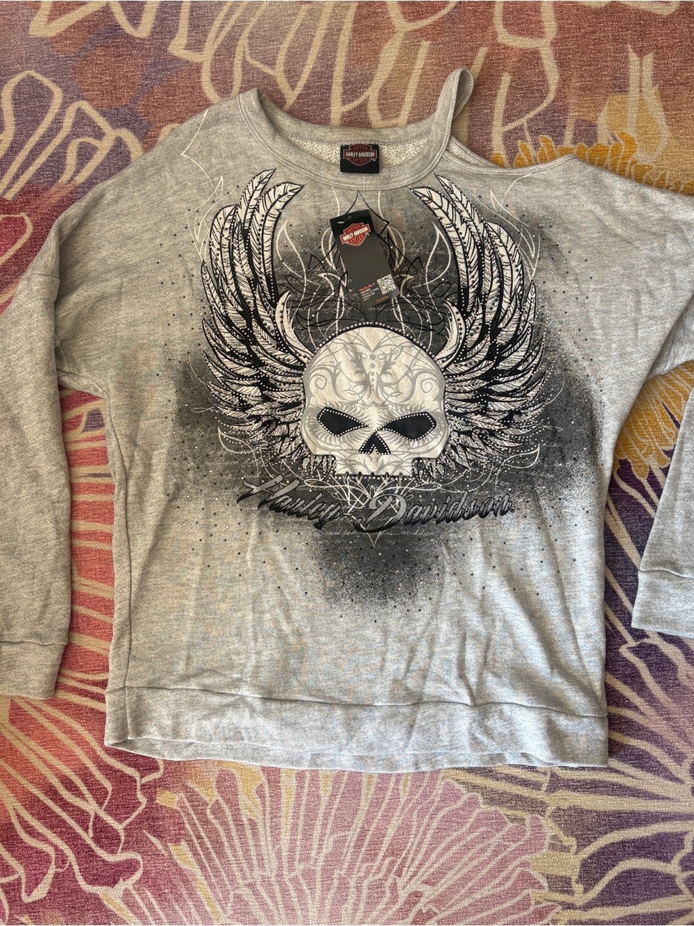 Harley-Davidson Womens L Rhinestone Gray Skull Cold Shoulder Long Sleeve Shirt